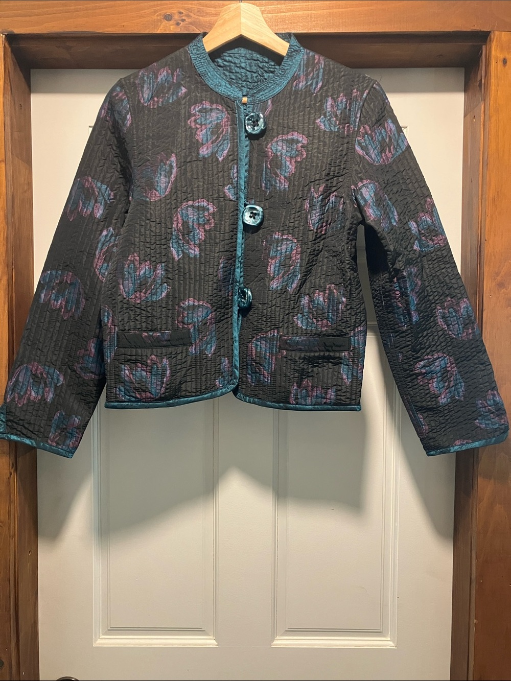 Quilted Floral Jacket with Teal Trim